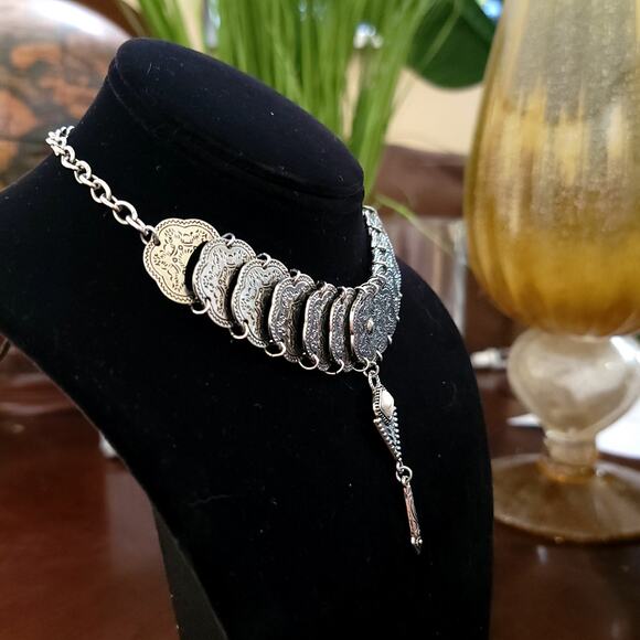 Vintage Silver Statement Choker Necklace Ornate Etched Plates with Pendant Drop - Picture 8 of 10